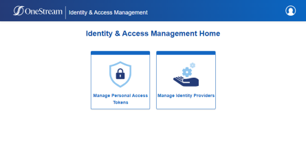 The Identity & Access Management Home page has a square tile for each section of the portal. The tile on the left has a blue lock icon with the text Manage Personal Access Tokens in blue displayed below. The tile on the right has a blue hand icon with blue gears and the text Manage Identity Providers text in blue displayed below.